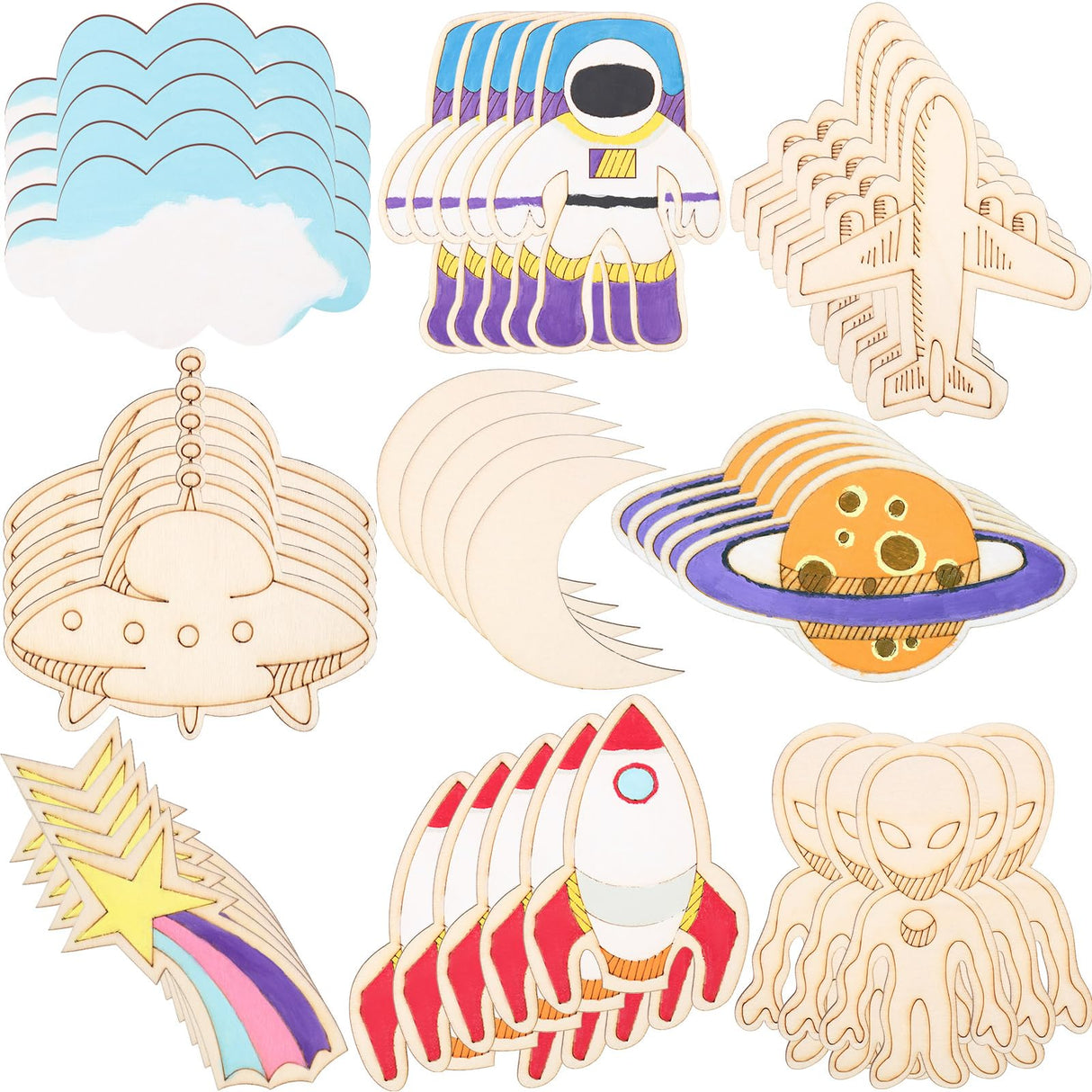 Outer Space Unfinished Wooden Cutouts Wooden Paint Crafts for Halloween Christmas Decoration Kids DIY Craft Art Project and Home Decor Ornament Jetec