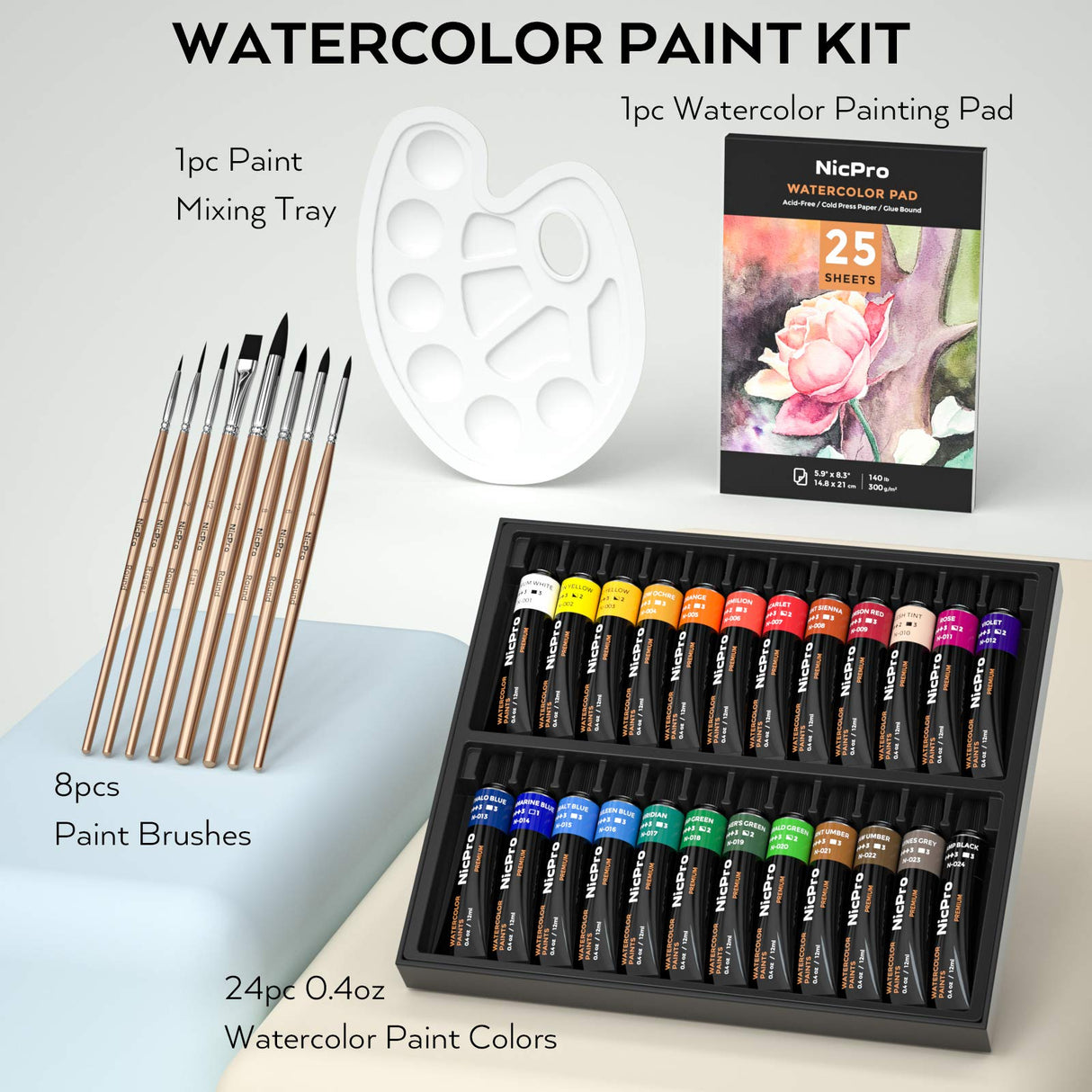Nicpro 60PCS Watercolor Paint Kit, Professional Painting Supplies Set 24 Tube Water Color Paints, 8 Synthetic Squirrel Brushes, 25 Paper Pad, Nicpro