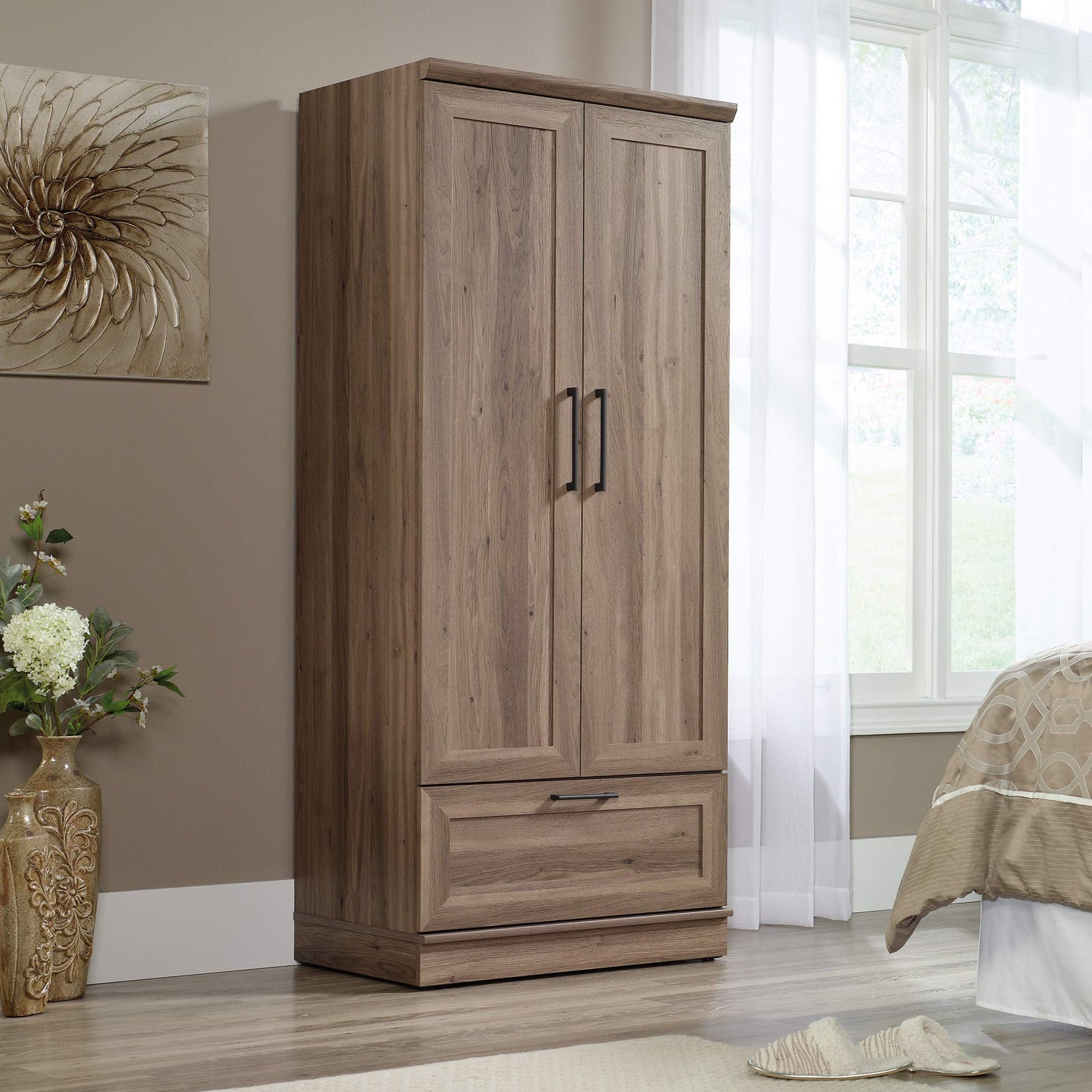 Sauder HomePlus Wardrobe/Pantry cabinets, L: 29.06" x W: 20.95" x H: 71.18", Salt Oak finish Sauder