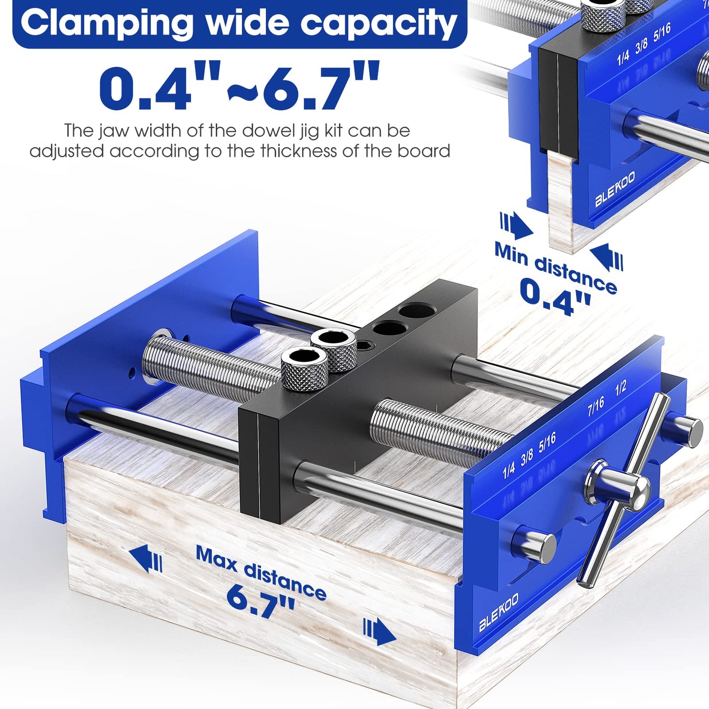 BLEKOO Upgraded 6.7 inch Self Centering Doweling Jig Kit, Drill Jig For Straight Holes Biscuit Joiner Set With 6 Drill Guide Bushings, Adjustable - WoodArtSupply