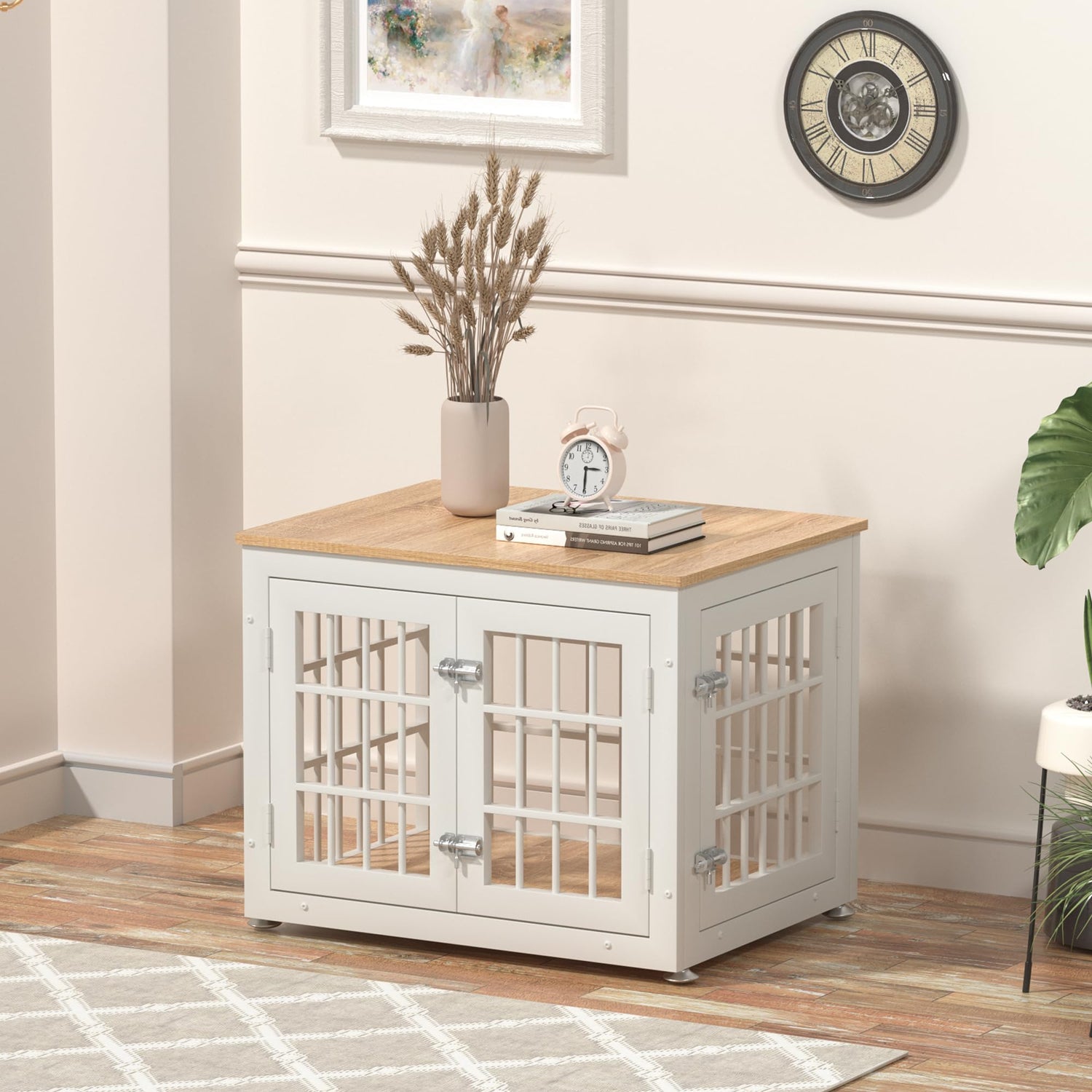 rehomerance Heavy Duty Dog Crate Furniture for Small Dogs, Decorative Pet House End Table, Wooden Cage Kennel Furniture Indoor, White and Natural rehomerance