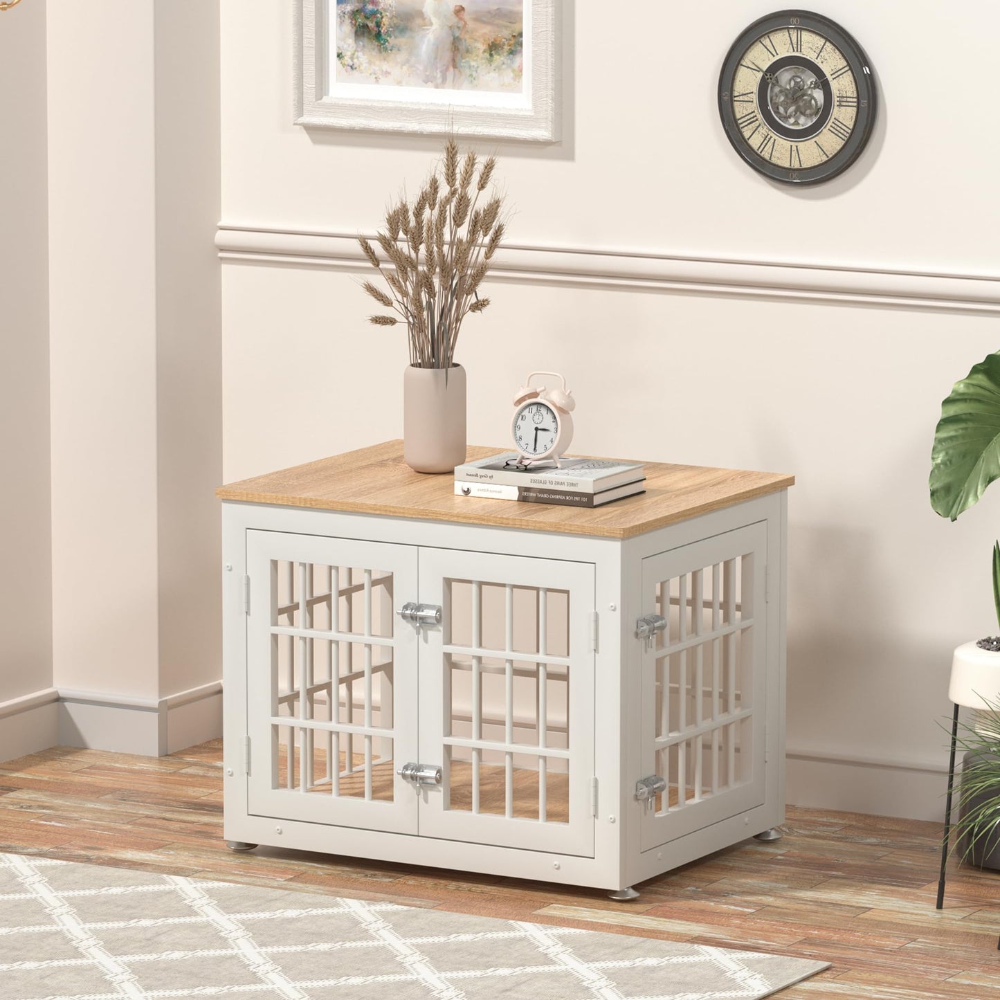 rehomerance Heavy Duty Dog Crate Furniture for Small Dogs, Decorative Pet House End Table, Wooden Cage Kennel Furniture Indoor, White and Natural - WoodArtSupply