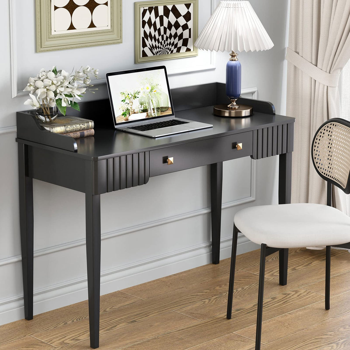ukorua Black Vanity Desk Wooden Desk with Drawer Modern Desk Computer Desk White Makeup Table with Gold Handle ukorua