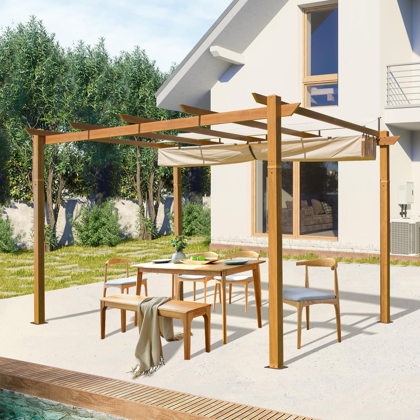 Domi 9’x13' Outdoor Retractable Pergola Against The Wall with Sun Shade Canopy, Pergolas and Gazebos Clearance, Patio Metal Canopy for Deck, Garden,