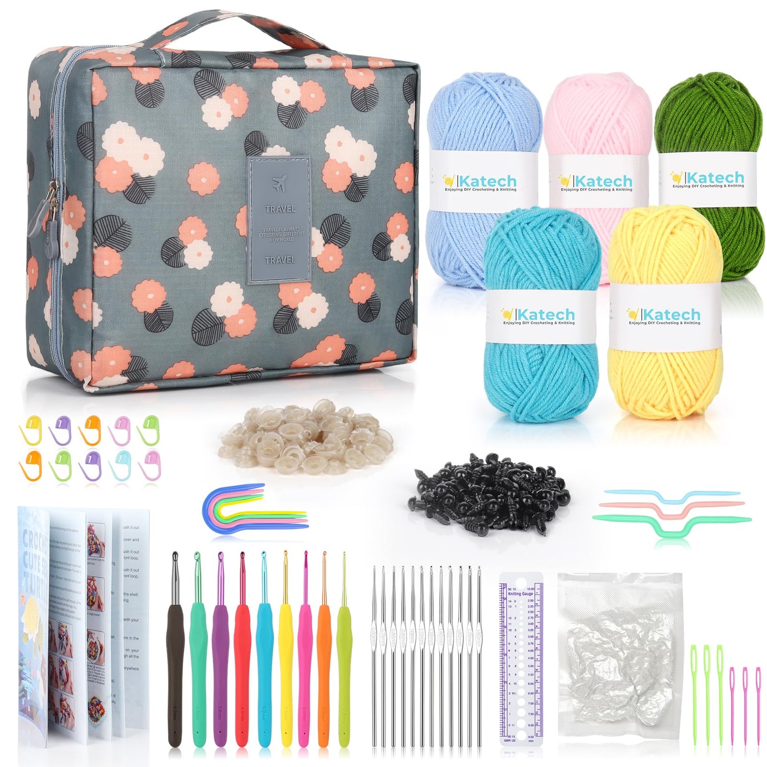 Katech Beginner Yarn for Crocheting and Knitting-Crochet Yarn Kit for Beginners-Includes 382 Yards Cotton Yarn Balls, Hooks, Accessories, Tutorials, Katech