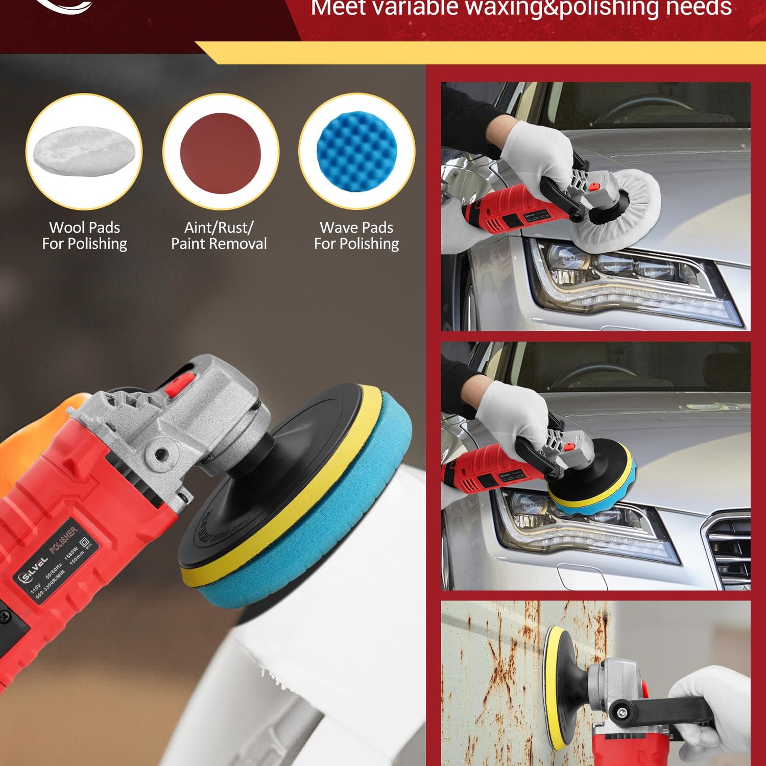 SILVEL Buffer Polisher, 1600W 7 Inch/6 Inch Polisher for Car Detailing, Wax Machine, 7 Variable Speed, with 6 Foam Pads, 3 Wool Pads, Packaging Bag, SILVEL