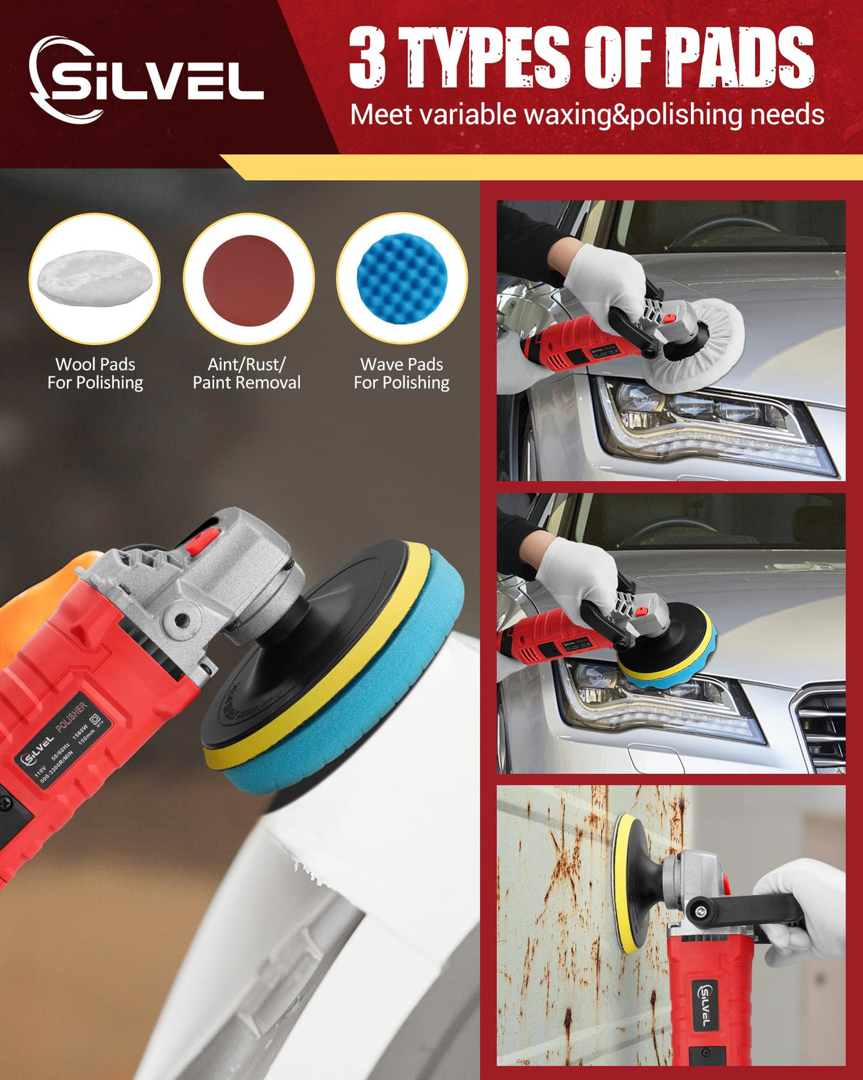 SILVEL Buffer Polisher, 1600W 7 Inch/6 Inch Polisher for Car Detailing, Wax Machine, 7 Variable Speed, with 6 Foam Pads, 3 Wool Pads, Packaging Bag, SILVEL