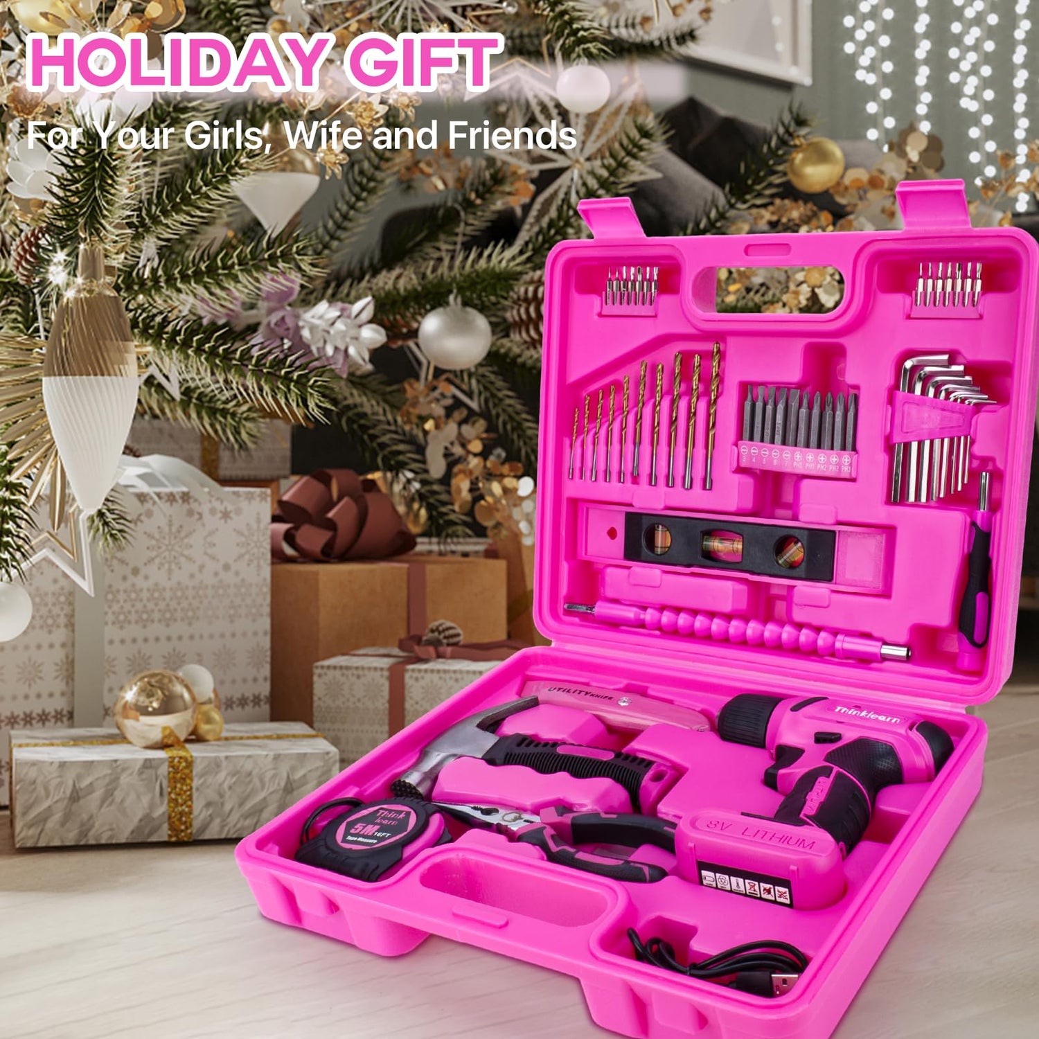 64PCS Pink Tool Set with Cordless Drill, 8V Power Drill and Pink Tool Kit for Women, 3/8"Keyless Chuck Electric Screwdriver Driver Kit for Home DIY ThinkLearn