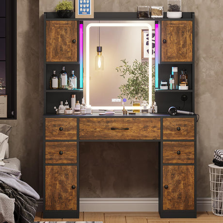Tiptiper Makeup Vanity with Lights & Charging Station, Vanity Table with Time Display Mirror, Ambient Light, Storage Cabinets, Rustic Brown and Black Tiptiper