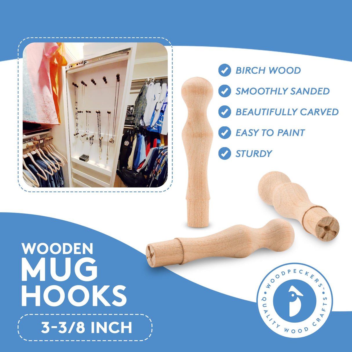Woodpeckers Mug Hooks, 3-3/8 inch Unfinished Wood Pegs for Hanging, Hook Racks, and Crafts, Pack of 25 Decorative Wooden Wall Hooks Woodpeckers