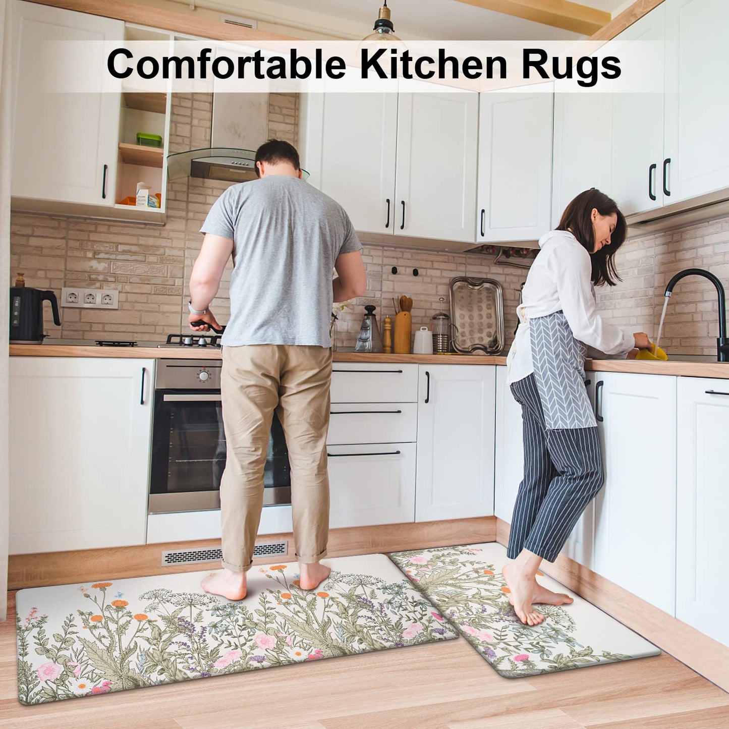Alishomtll 2 PCS Kitchen Rugs and Mats, Floral Cushioned Anti-Fatigue Kitchen Rugs, Waterproof Non-Slip Washable Flowers Kitchen Mats for Kitchen