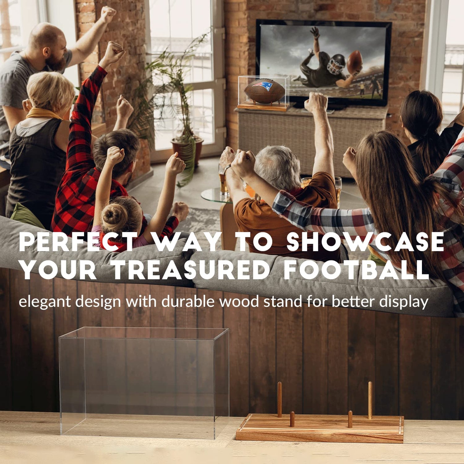 JupDec Football Display Case Full Size, Acrylic Clear Box with Wood Stand, UV Protected Memorabilia Holder, for Football Fans & Collectors, Sports JupDec