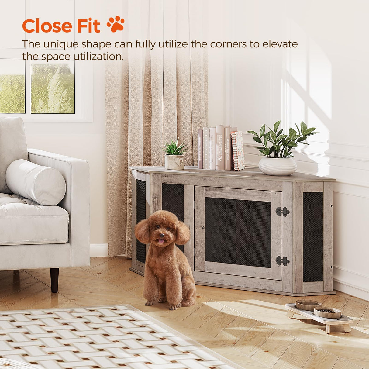 MAHANCRIS Corner Dog Crate Furniture, Wooden Dog Kennel End Table, Decorative Pet Crate Indoor Use, Furniture Style Dog House for Small Medium Dog, MAHANCRIS