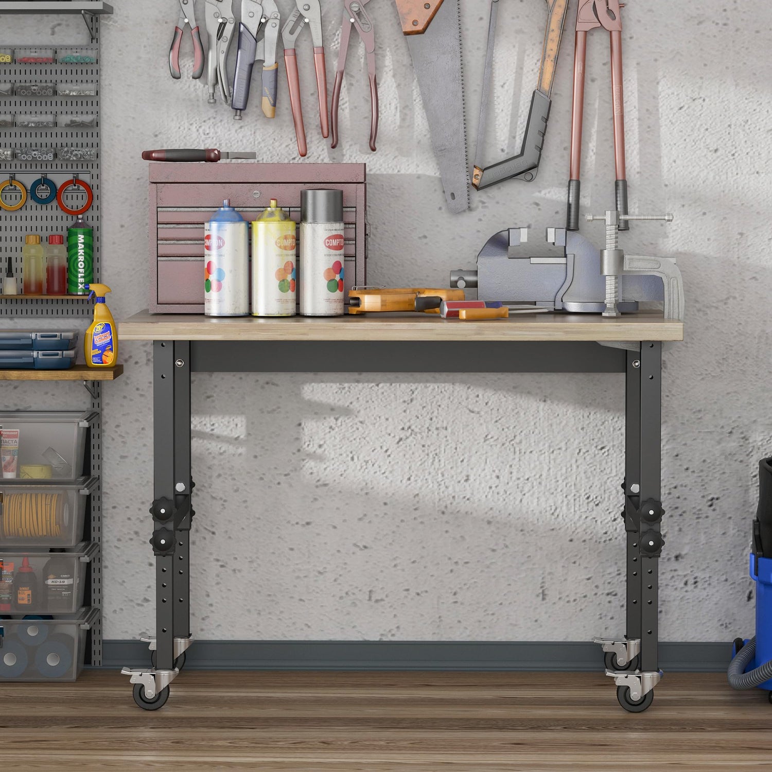 HOMCOM 47" Work Bench with Height Adjustable Legs, Bamboo Tabletop Workstation Tool Table on Wheels for Garage, Weight Capacity 1320 Lbs, HOMCOM