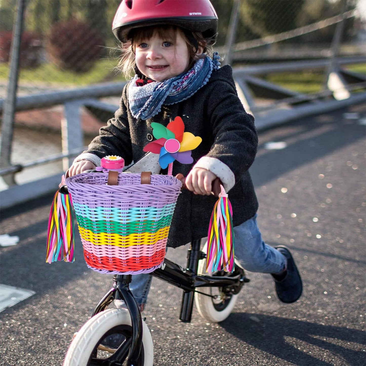 Bicycle Basket for Girls, Adjustable Front Handlebar Bike Basket with Bike Streamers Set Bell/Bicycle Windmill/Bicycle Wheel Beads DIY Bike - WoodArtSupply