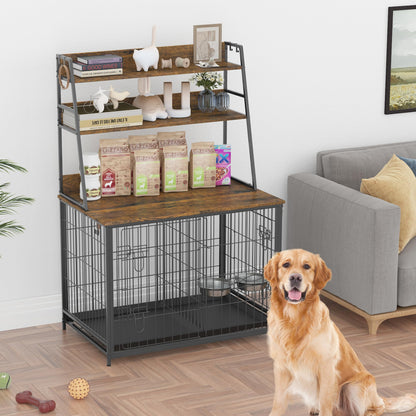 GAOMON Wooden Dog Crate Furniture with Storage Shelves,Dog Kennel Indoor with Removable Tray,Double Doors Modern Dog Crate, Dog House with Two - WoodArtSupply