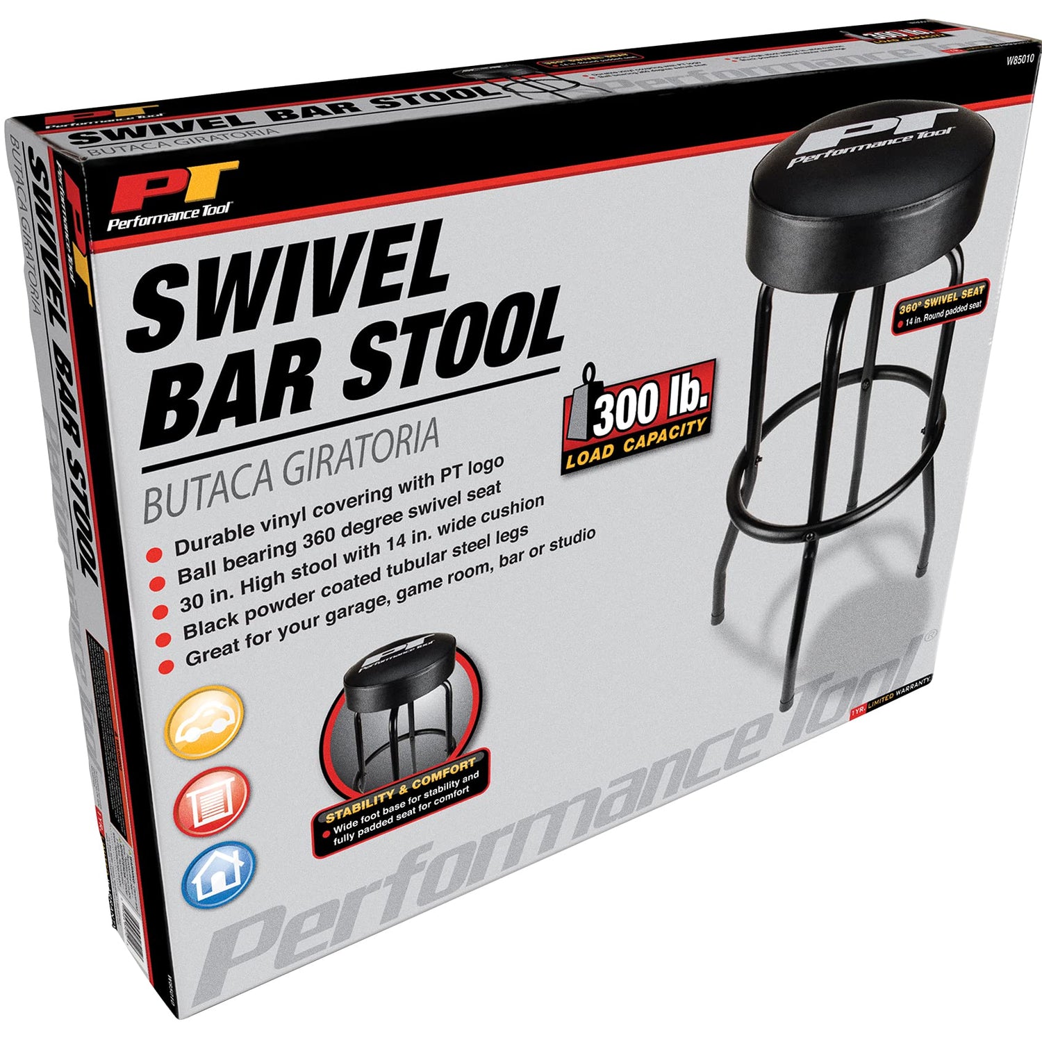 Performance Tool W85010 Swivel Seat Bar Stool for Mechanic Garages and Workshops, Black, 0.6x9.8x5.8-Inches Performance Tool