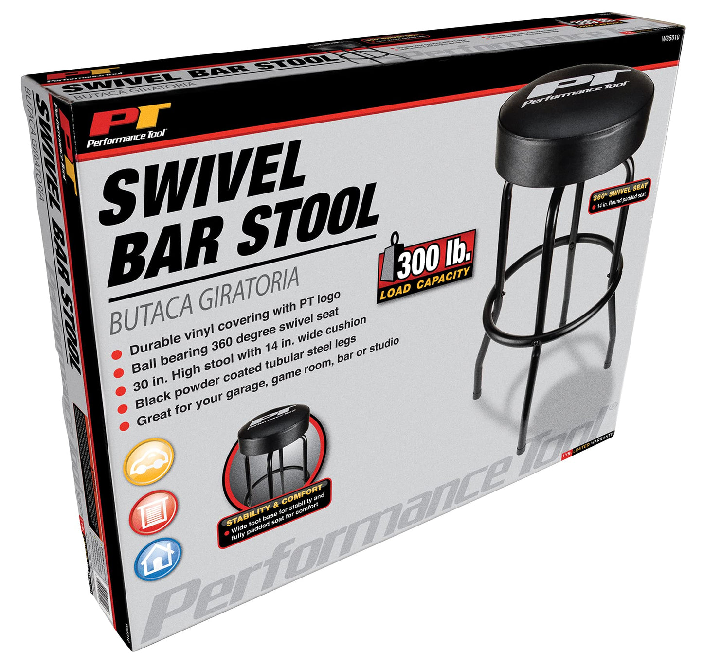 Performance Tool W85010 Swivel Seat Bar Stool for Mechanic Garages and Workshops, Black, 0.6x9.8x5.8-Inches