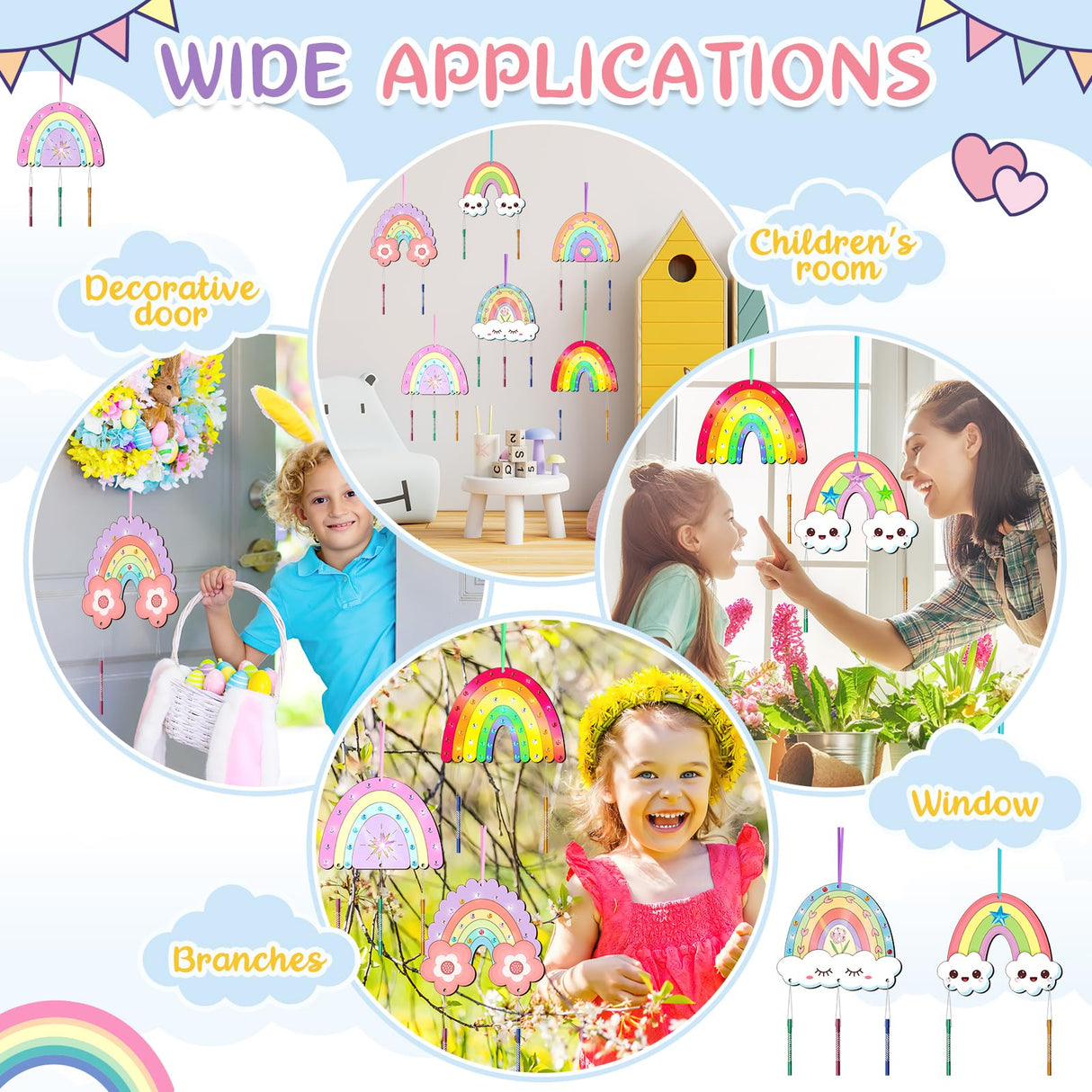 12 Pack Wind Chime Crafts for Kids, Make Your Own Boho Rainbow Wind Chime Kit DIY Coloring Wooden Craft Unfinished Rainbow Wood Ornaments for Girls TREACLUB