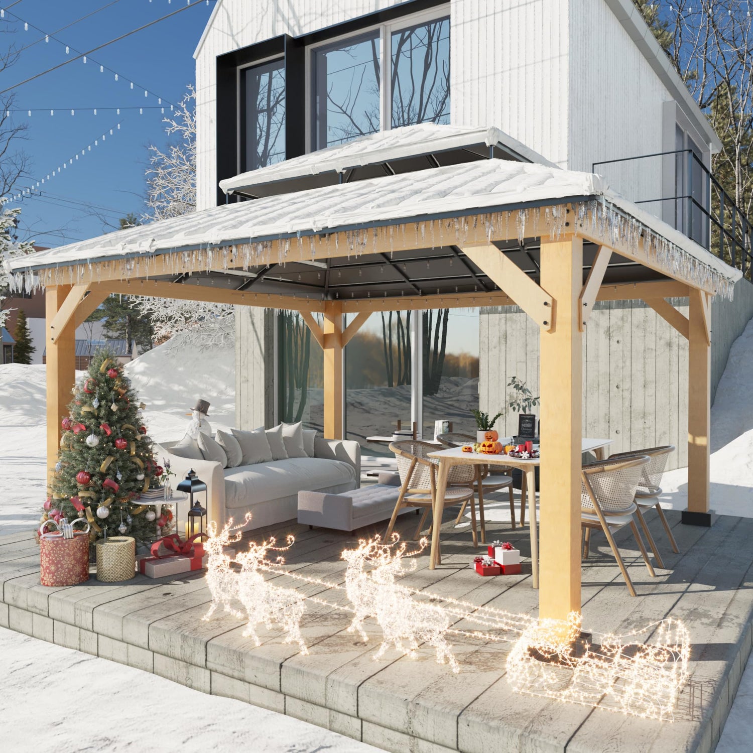 Joyside Wood Gazebo with Mosquito Netting 13 x 11 ft. Wood Patio Gazebo - Cedar Wood Framed Gazebo with Steel Frame Gable Roof Hardtop Gazebo for Joyside