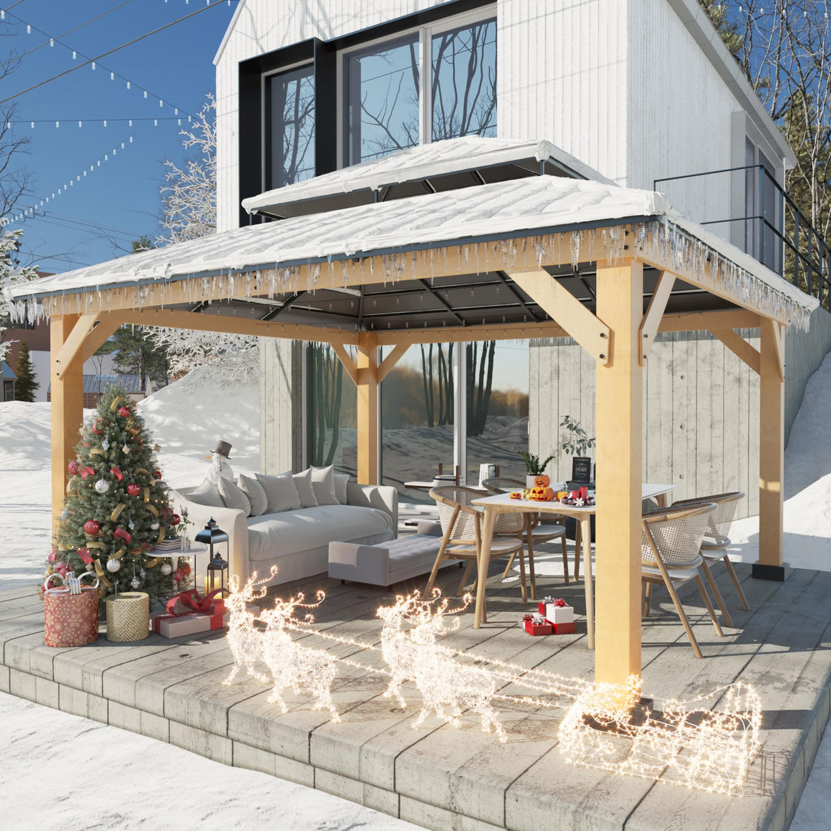 Joyside Wood Gazebo with Mosquito Netting 13 x 11 ft. Wood Patio Gazebo - Cedar Wood Framed Gazebo with Steel Frame Gable Roof Hardtop Gazebo for Joyside