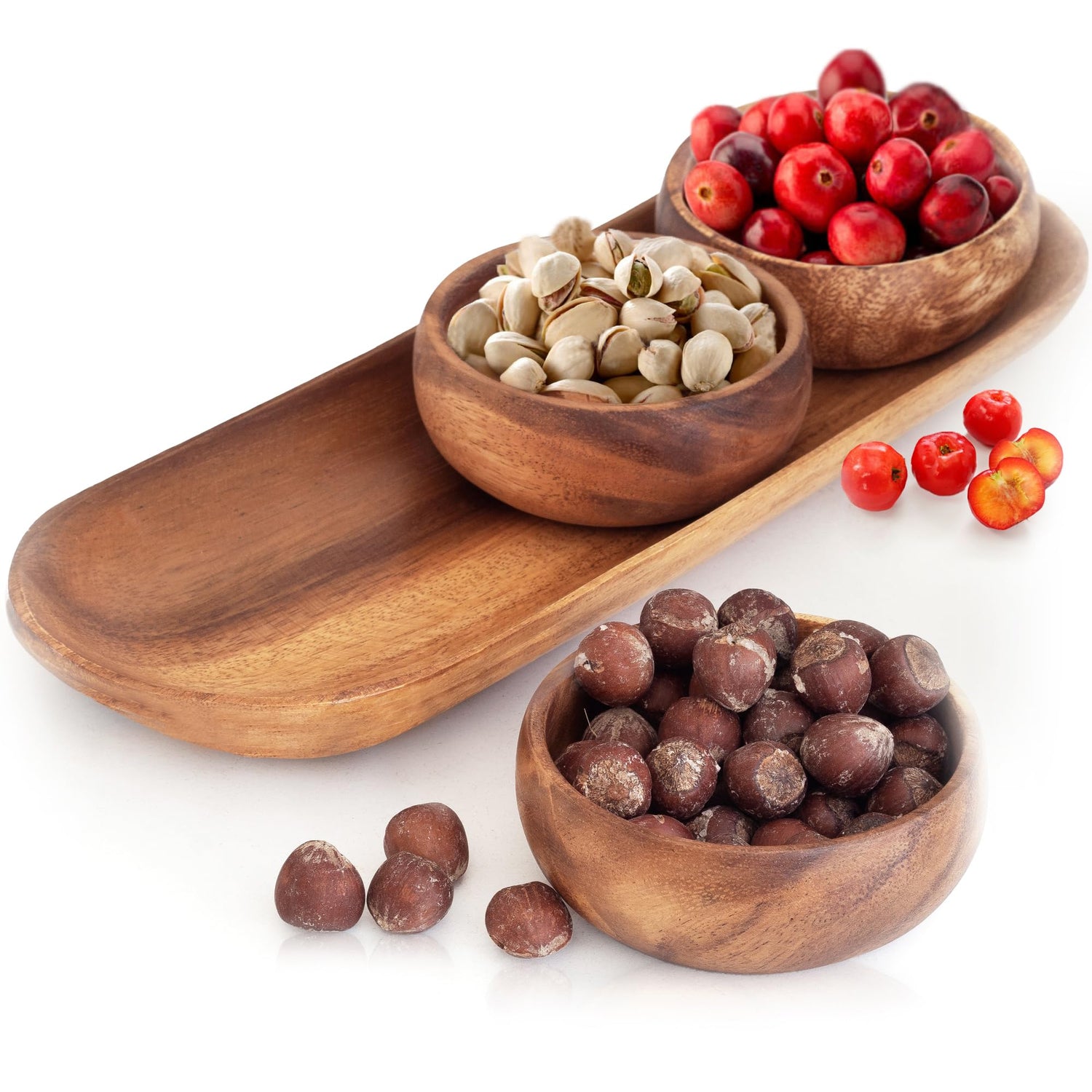 cintika Hand-Carved Set of 4 Acacia Calabash Bowls with Baguette Tray. Durable Wooden Bowl Set. Snack, nut, dip bowl. - Wooden Dinnerware set. 4" cintika