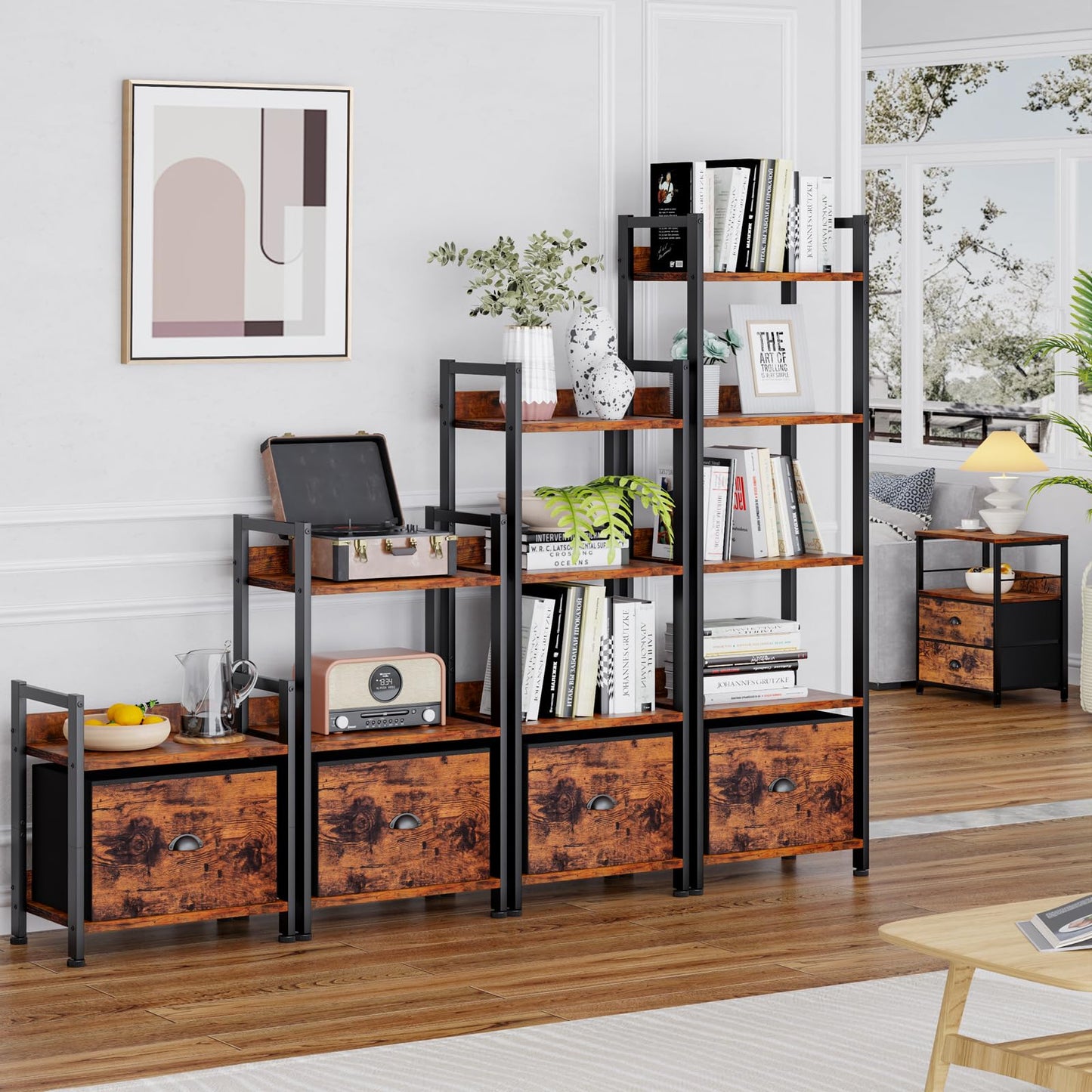 Furologee 4 Tier Bookshelf with Drawer, Tall Bookcase with Shelves, Narrow Book Shelf Storage Organizer, Wood and Metal Display Standing Shelf Unit