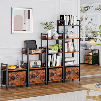 Furologee 4 Tier Bookshelf with Drawer, Tall Bookcase with Shelves, Narrow Book Shelf Storage Organizer, Wood and Metal Display Standing Shelf Unit