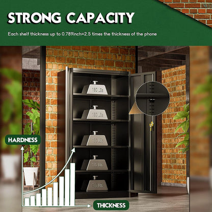 Greenvelly Metal Garage Storage Cabinet, 72” Lockable Storage Cabinet with Adjustable Shelves, Steel Tool Cabinets, Black Metal File Cabinet for Home