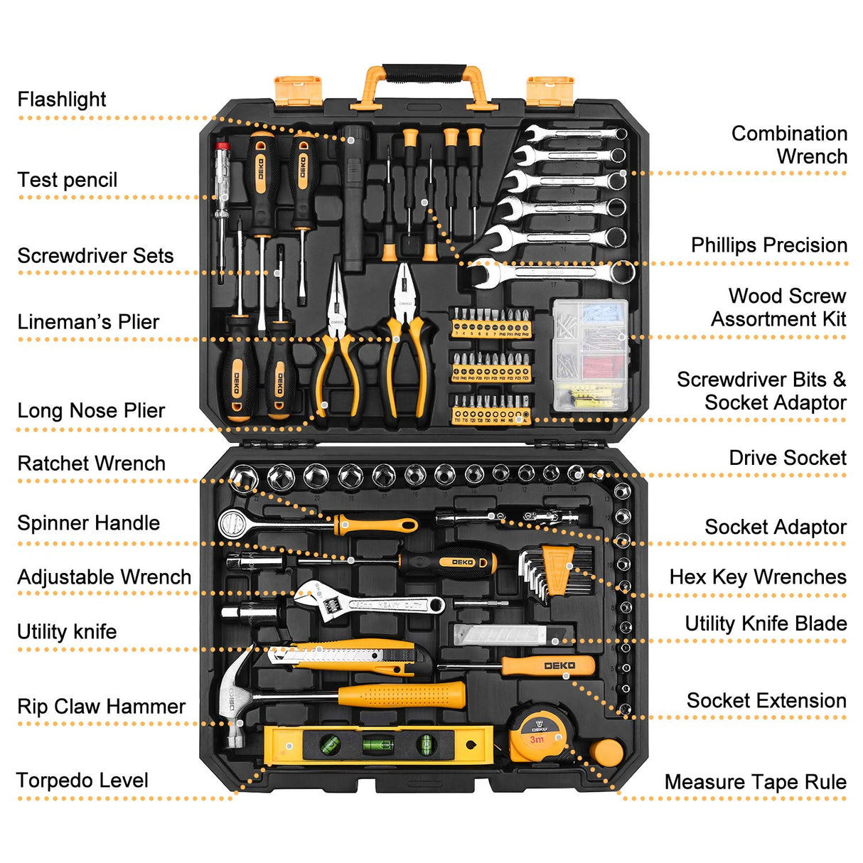 DEKOPRO 208 Piece Tool Set,General Household Hand Tool Kit, Auto Repair Tool Box with Plastic Toolbox Storage Case DEKOPRO