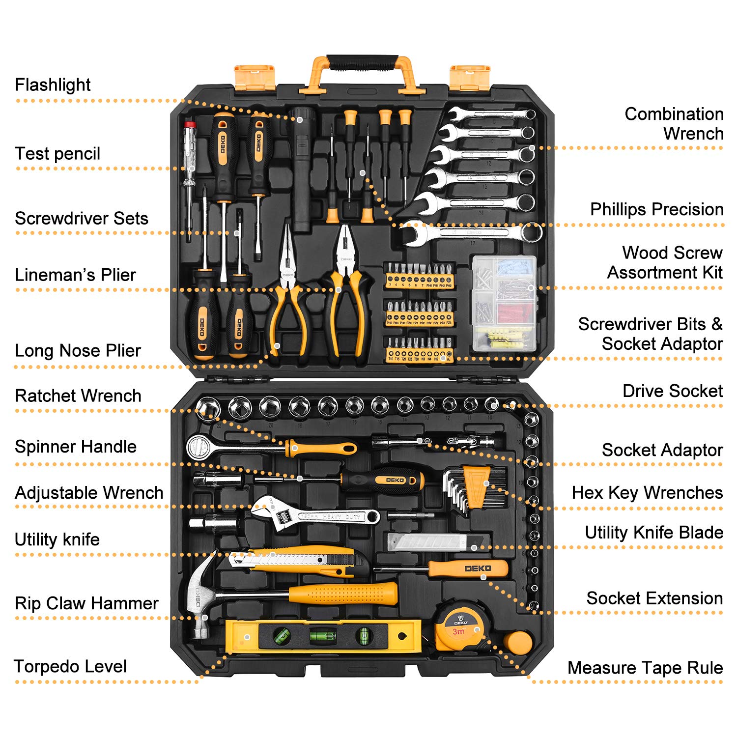 DEKOPRO 208 Piece Tool Set,General Household Hand Tool Kit, Auto Repair Tool Box with Plastic Toolbox Storage Case - WoodArtSupply