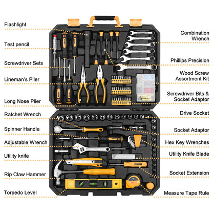 DEKOPRO 208 Piece Tool Set,General Household Hand Tool Kit, Auto Repair Tool Box with Plastic Toolbox Storage Case - WoodArtSupply