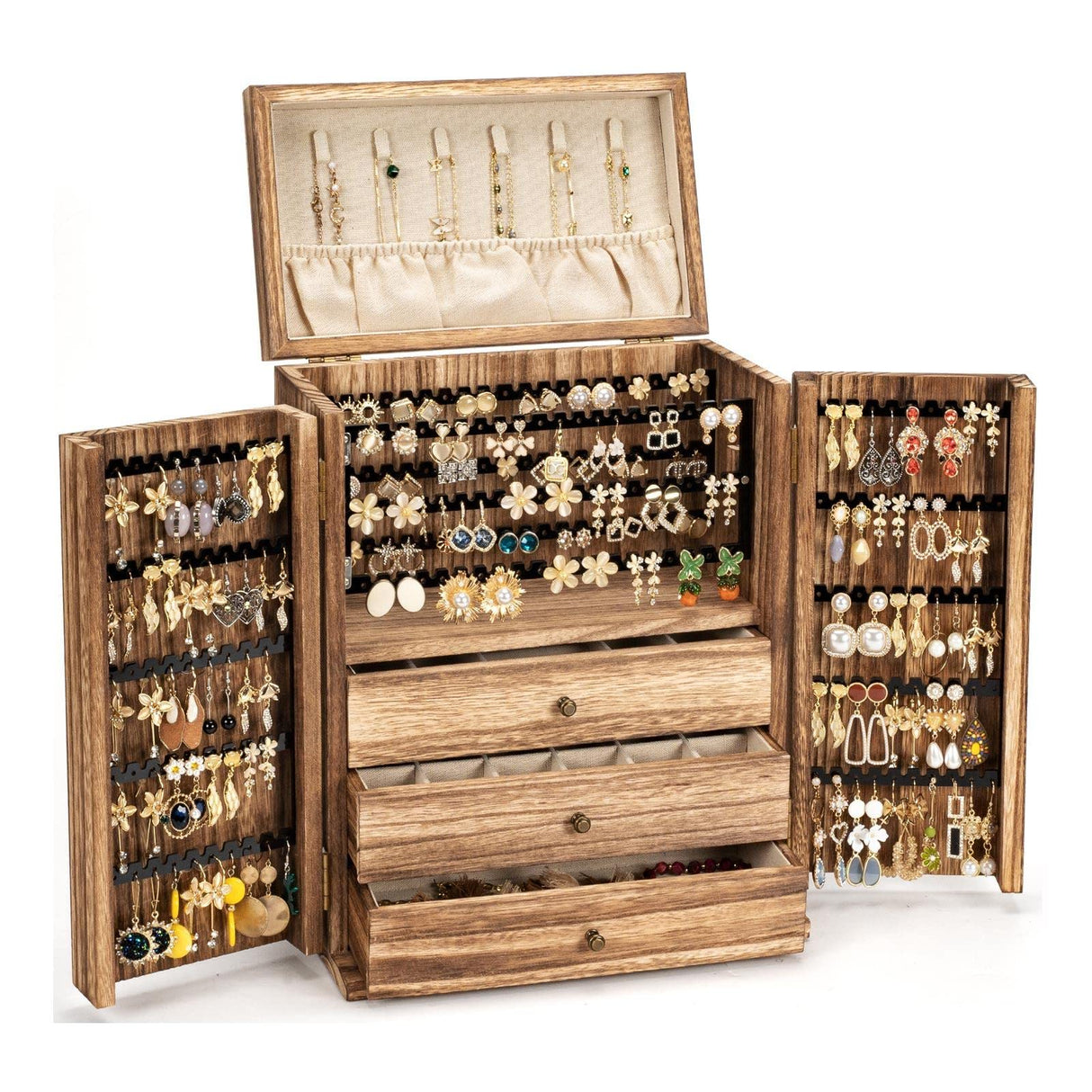 Poyilooo Jewelry Box Organizer, Large Jewelry Boxes for Women, Great Storage Earring Organizer Display for Necklace Earring Ring Bracelet, Rustic Poyilooo