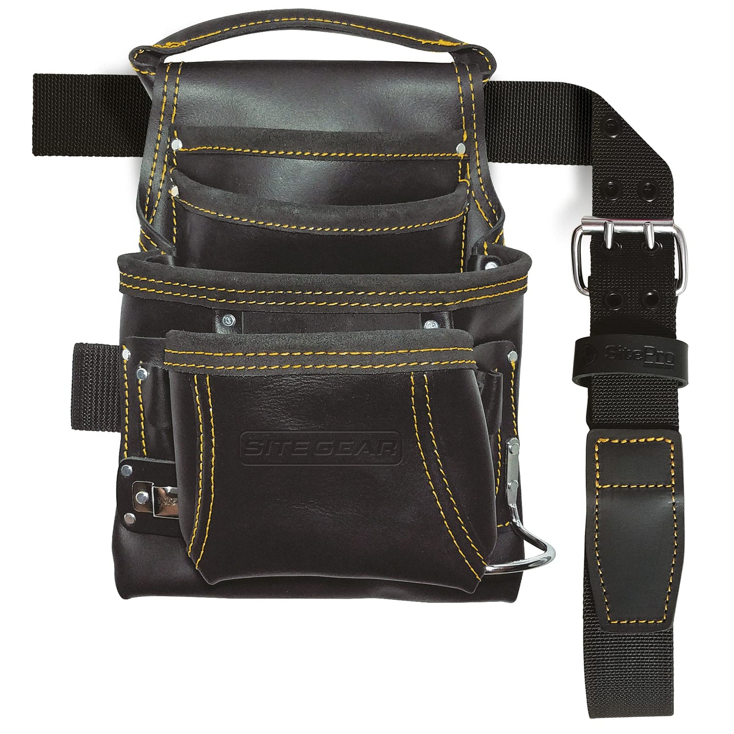 SITEGEAR 10-Pocket Carpenter's Top Grain Leather Nail and Tool Bag with Belt, Black (51-10113-TSB) SITEGEAR