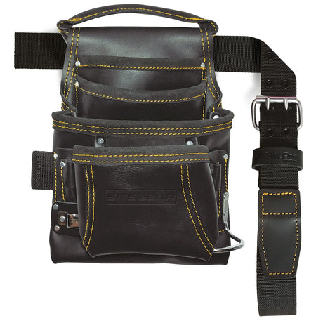 SITEGEAR 10-Pocket Carpenter's Top Grain Leather Nail and Tool Bag with Belt, Black (51-10113-TSB) SITEGEAR