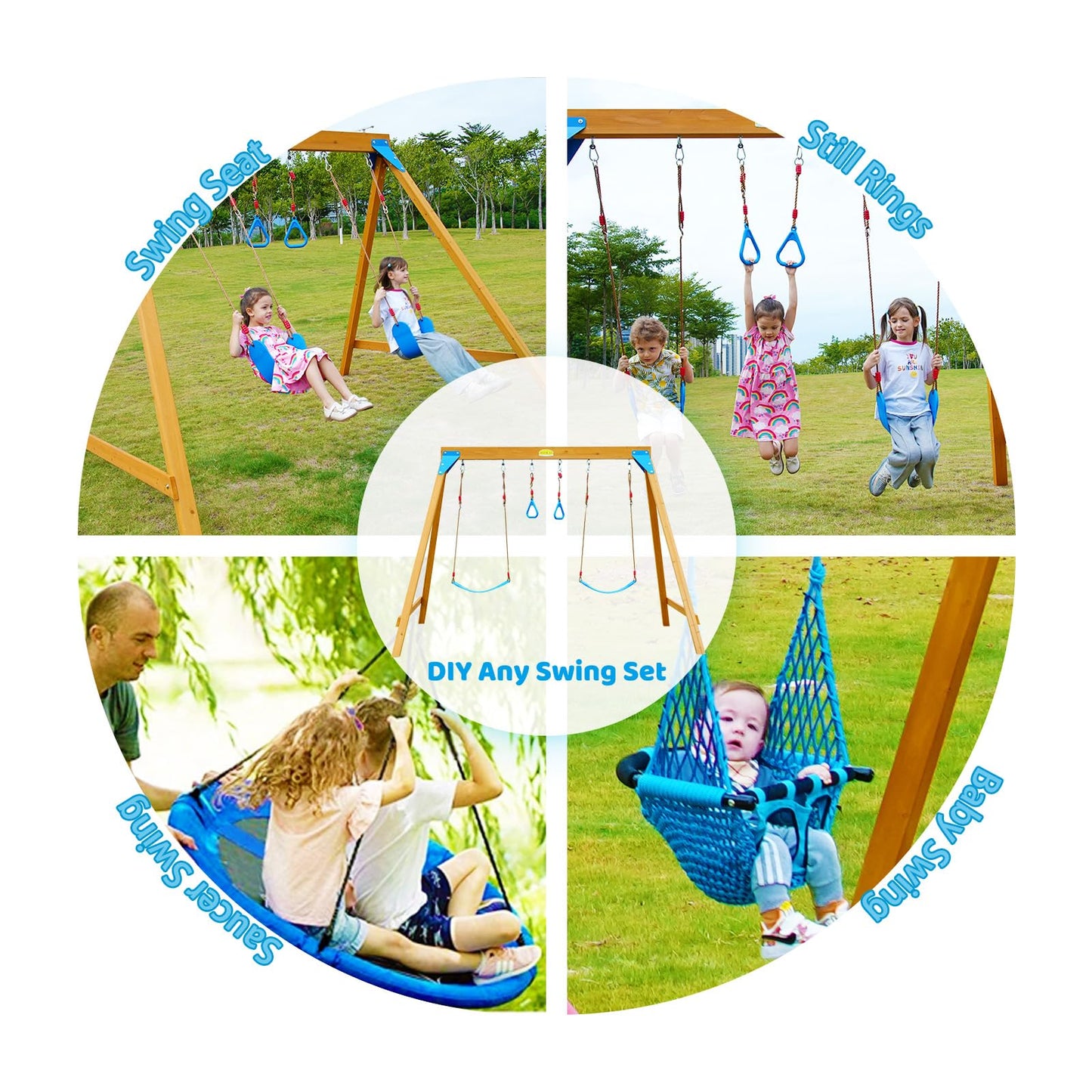 SuniBoxi Kids Swing Sets for Backyard, Wooden Playground Sets with 2 Swings, Trapeze Swing Rings, Outdoor Playset for Children Ages 2-10, and a