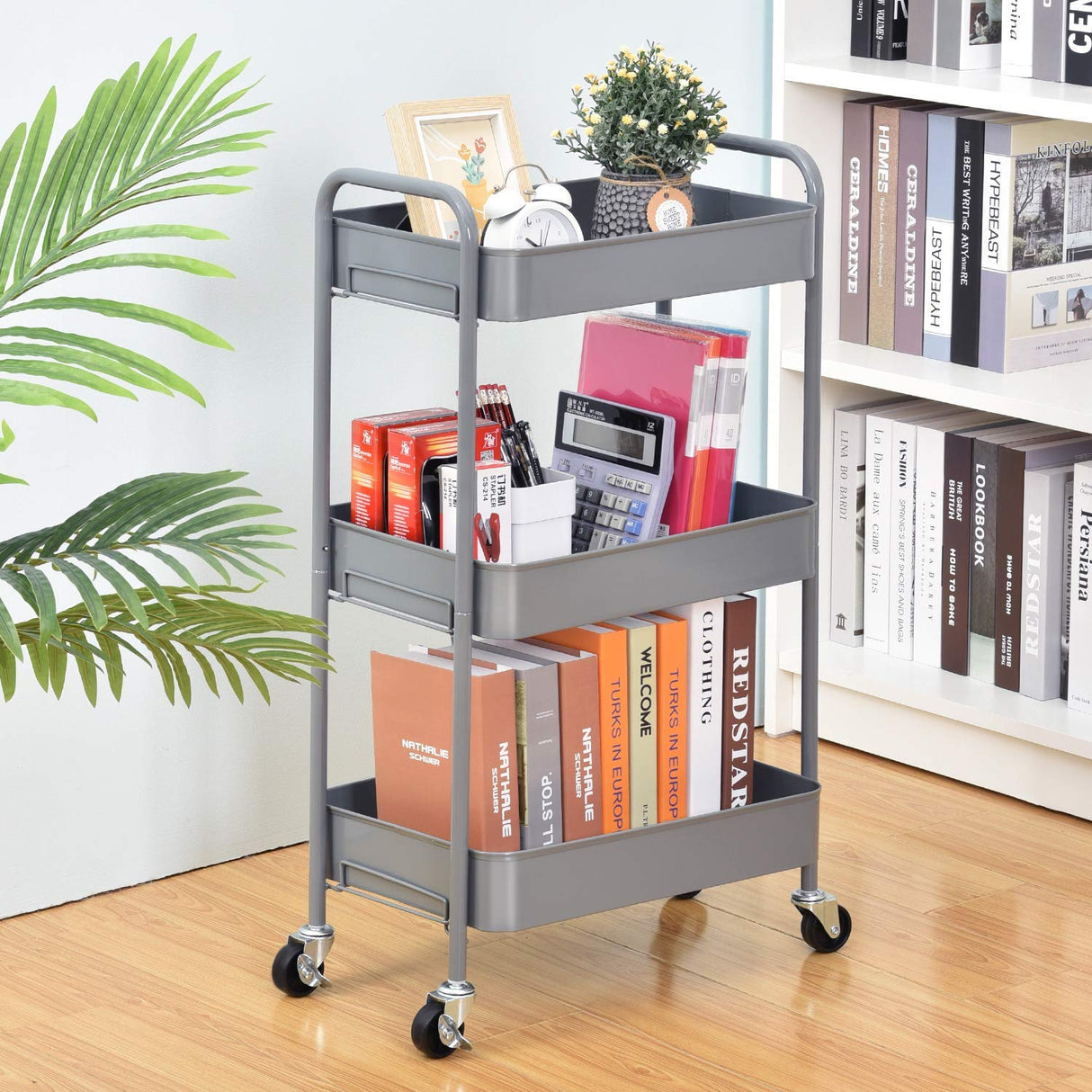 TOOLF 3-Tier Rolling Cart, Metal Utility Cart with Lockable Wheels, Storage Craft Art Cart Trolley Organizer Serving Cart Easy Assembly for Office, TOOLF