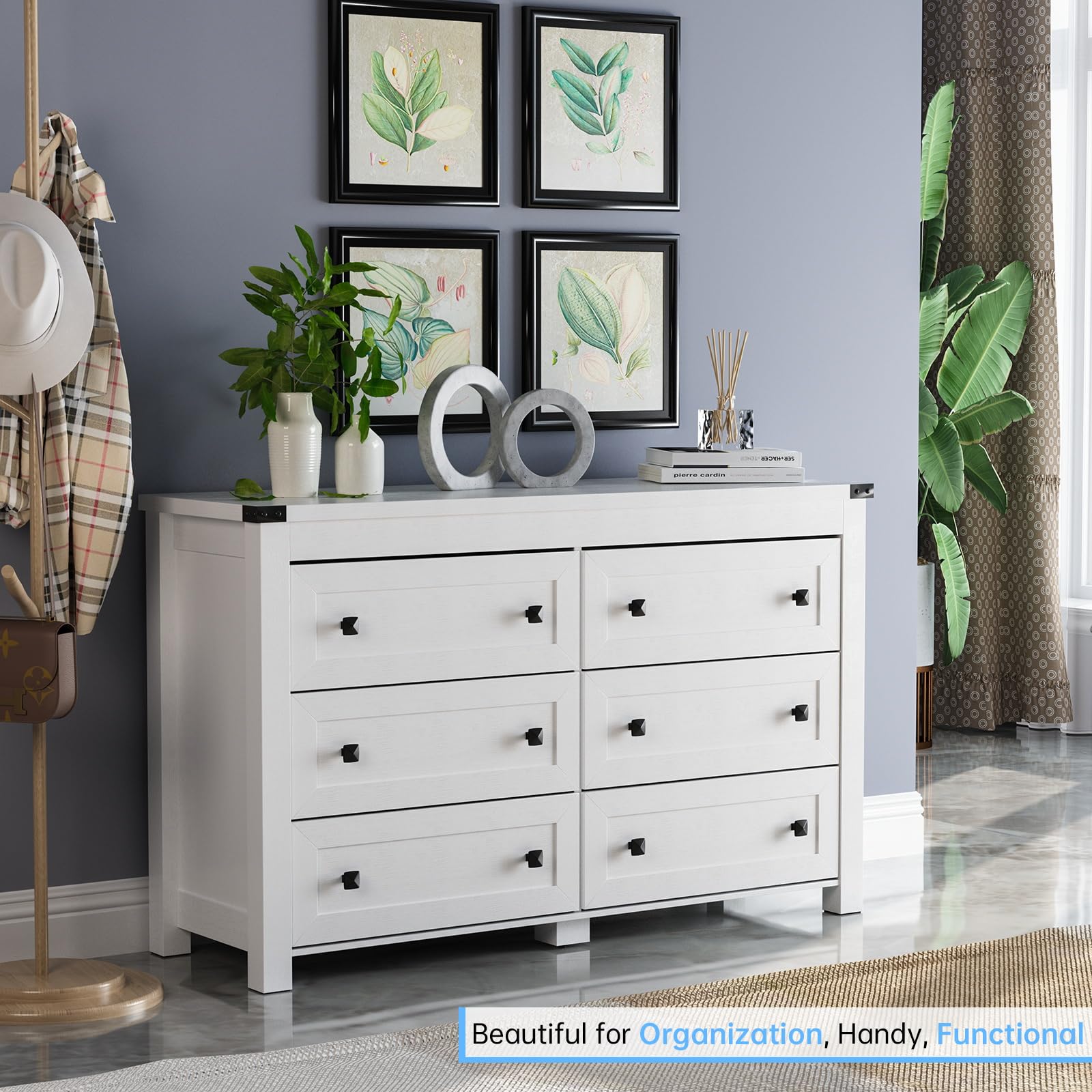 HUANLEGO White Dresser for Bedroom with 6 Drawers, Modern Chest of Drawers, Wood Rustic Wide Storage Drawers Dressers Organizer for Closet, Living - WoodArtSupply