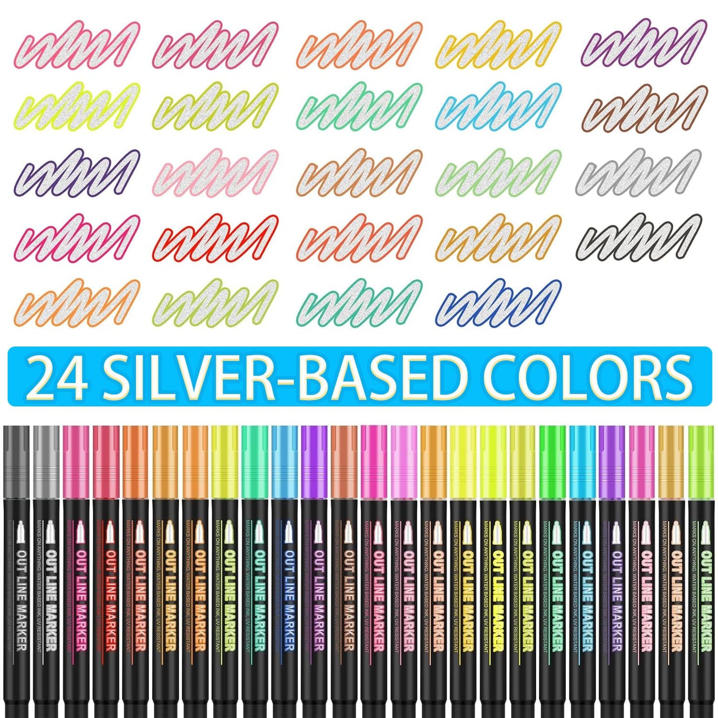 Double Line Outline Markers 24 Colors Super Squiggles Glitter Markers Self Outline Metallic Markers, Doodle Shimmer Markers Drawing Pens for - WoodArtSupply