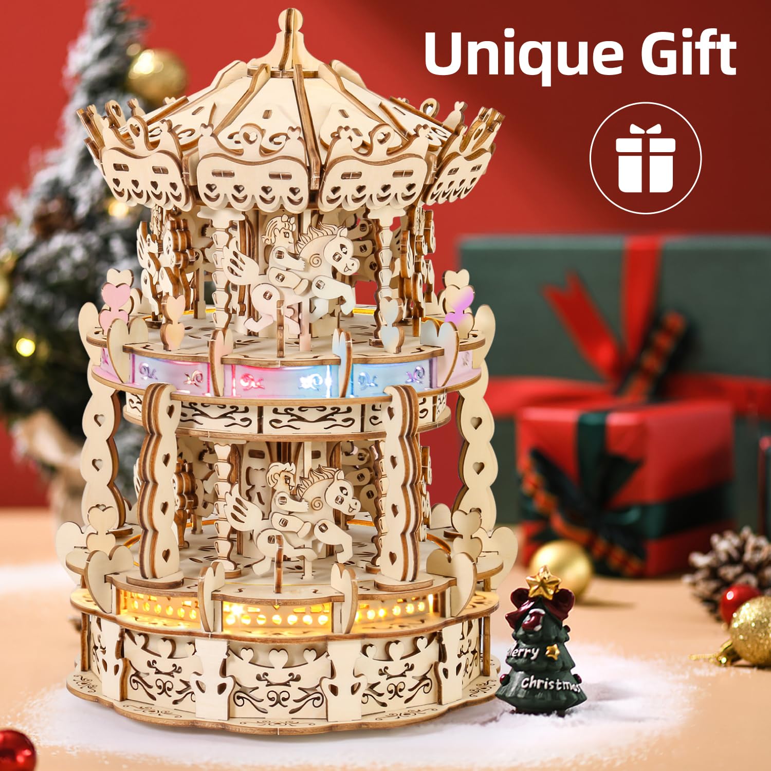 MIEBELY 3D Wooden Puzzles for Adults Bundle Set - Illuminous Music Box Globe & LED Carousel Music Box, Unique Gift Hobby for Boys Girls Family MIEBELY