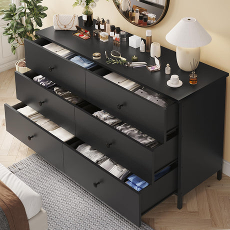 Hasuit 6 Drawers Double Dresser, Wooden Dresser with Heavy Sturdy Steel Frame, Large Capacity Storage Chest of Drawers, Black Dresser for Bedroom, Hasuit