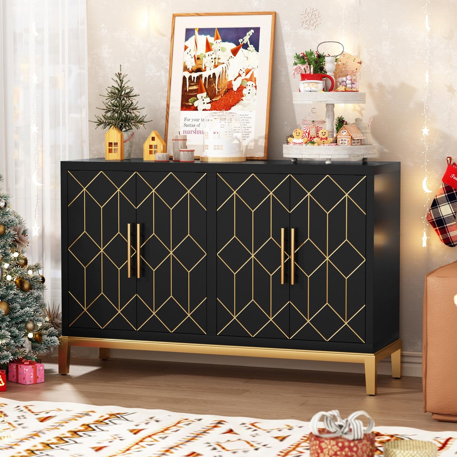 HLR Accent Cabinet with 4 Doors&Shelves, Sideboard Buffet Cabinet with Gold Trim, Modern Black Storage Cabinet for Living Room, Entryway, Kitchen, HLR