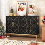HLR Accent Cabinet with 4 Doors&Shelves, Sideboard Buffet Cabinet with Gold Trim, Modern Black Storage Cabinet for Living Room, Entryway, Kitchen, HLR