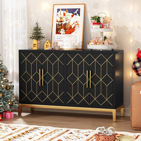 HLR Accent Cabinet with 4 Doors&Shelves, Sideboard Buffet Cabinet with Gold Trim, Modern Black Storage Cabinet for Living Room, Entryway, Kitchen, HLR