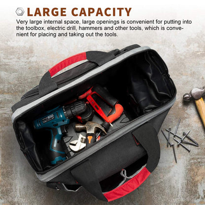 Pnochoo Waterproof Tool Bags for Men or Women, 16-inch Wide Mouth Tool Tote Bag with 25 Pockets for Tool Organizer & Storage, with Adjustable