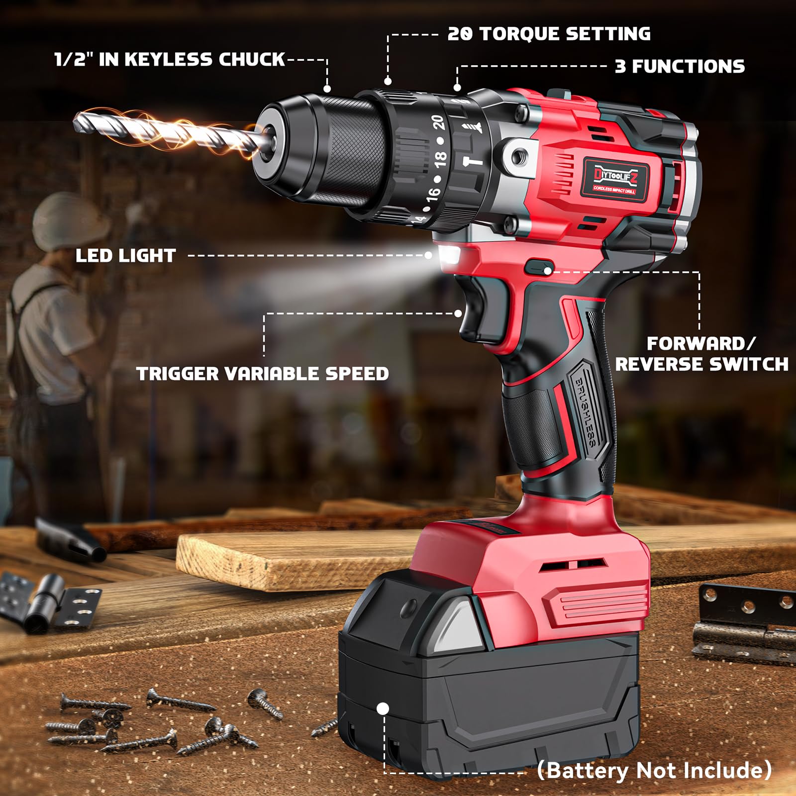 Cordless Drill Set for Milwaukee 18V Battery, 20+3 Torque Setting Power Drill Driver Set, 1/2 Inch Keyless Chuck Brushless Compact Driver/Drill Kit - WoodArtSupply