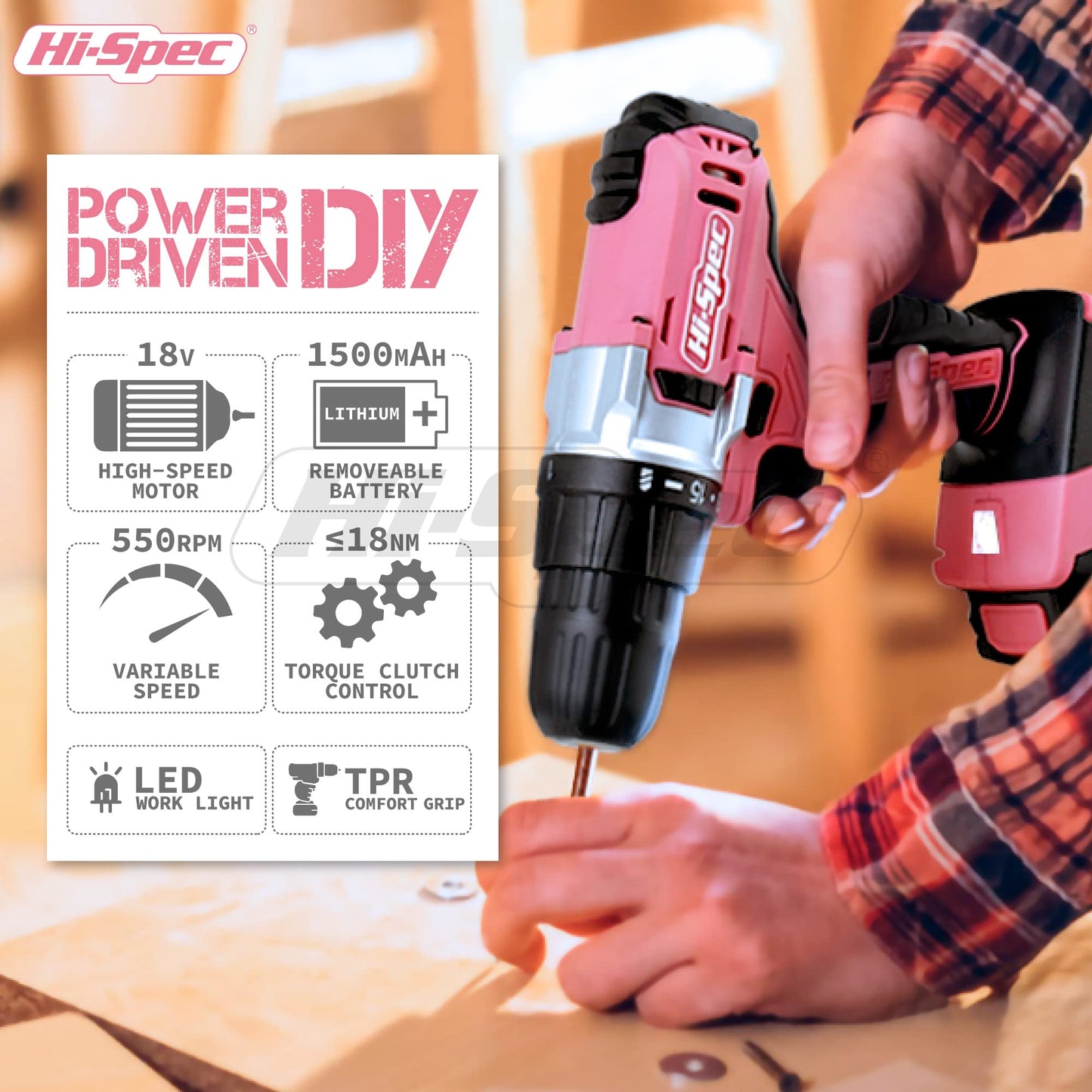 Hi-Spec 81pc Pink 18V Cordless Power Drill Driver. Complete Home & Garage Hand Tool Kit Set for DIY - WoodArtSupply