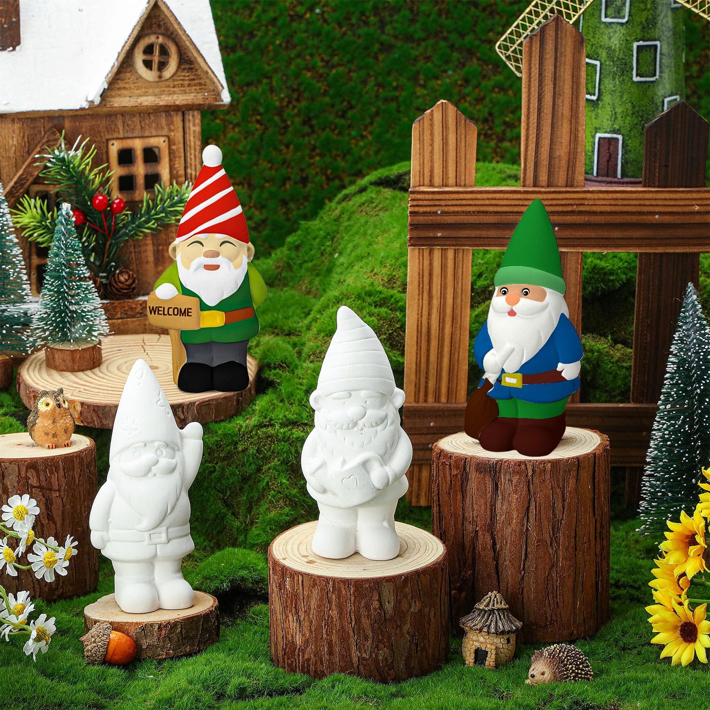 Barydat 4 Pcs Xmas Gnomes Ceramic Painting Kit for Kids Adults 5'' Gnome Statues with Paint Pod Strips, 2 Brushes Unpainted Blank Ceramics to Paint - WoodArtSupply