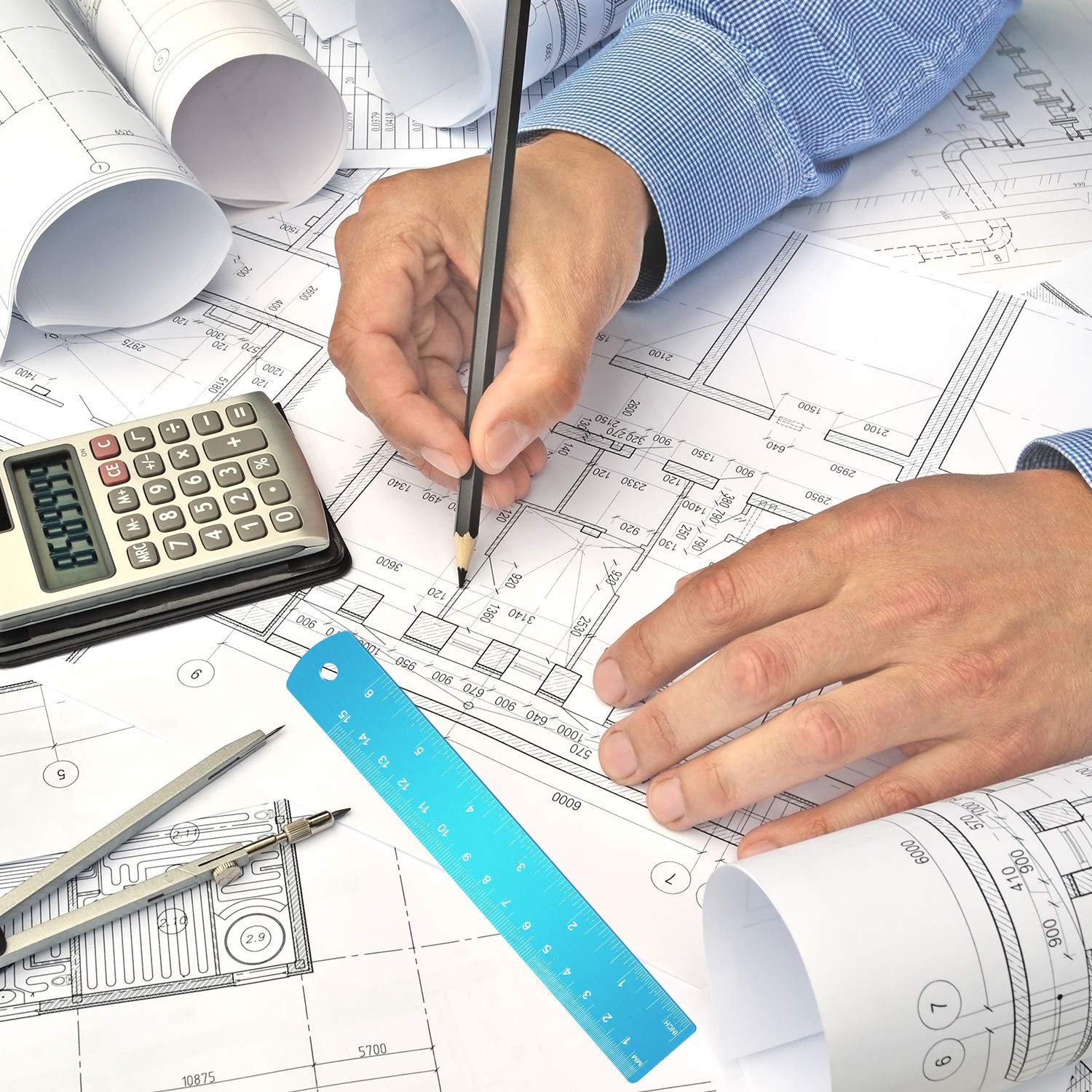 Stainless Steel Ruler and Metal Rule Kit with Conversion Table (Blue, 12 Inch, 6 Inch) EBOOT