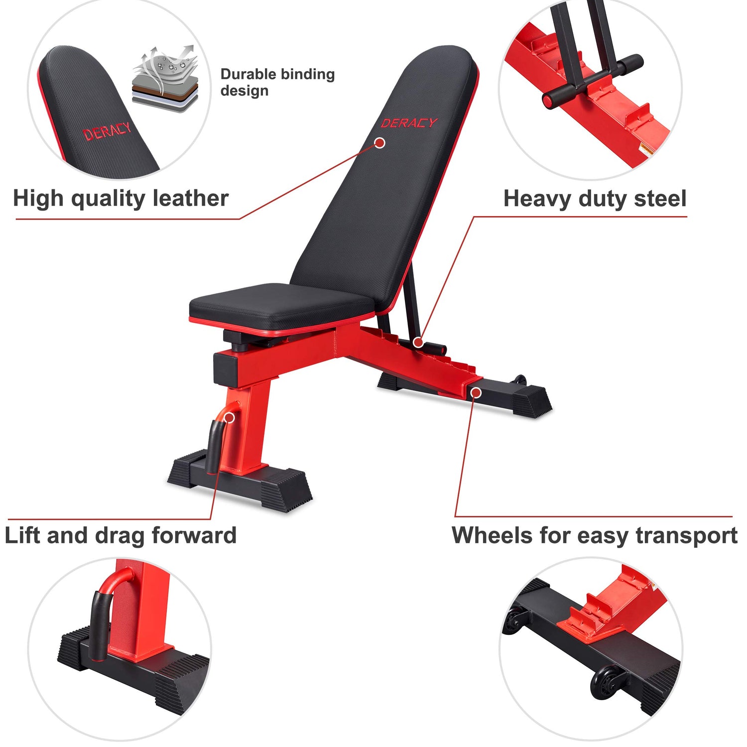 DERACY Adjustable Weight Bench for Full Body Workout, Incline and Decline Weight Bench for Indoor Workout, Home Gym (Red) DERACY